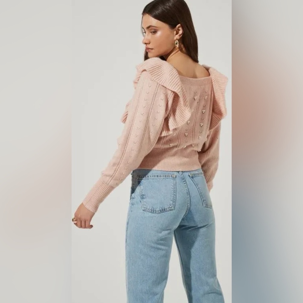 ASTR The Label Cabot Pearl Embellished Crop Ruffled Sweater In Blush Pink XL